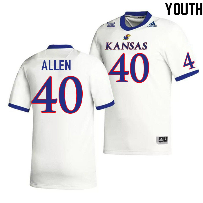 Youth #40 Tabor Allen Kansas Jayhawks College Football Jerseys Stitched Sale-White - Click Image to Close